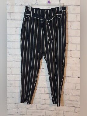 Body By US Women's Black/White Striped Tie Elastic Waist Pockets Tapered Pants